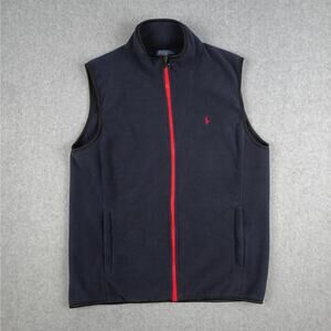 Polo by Ralph Lauren XL Navy Blue Full Zip Fleece Vest Red Zipper and Pony Logo